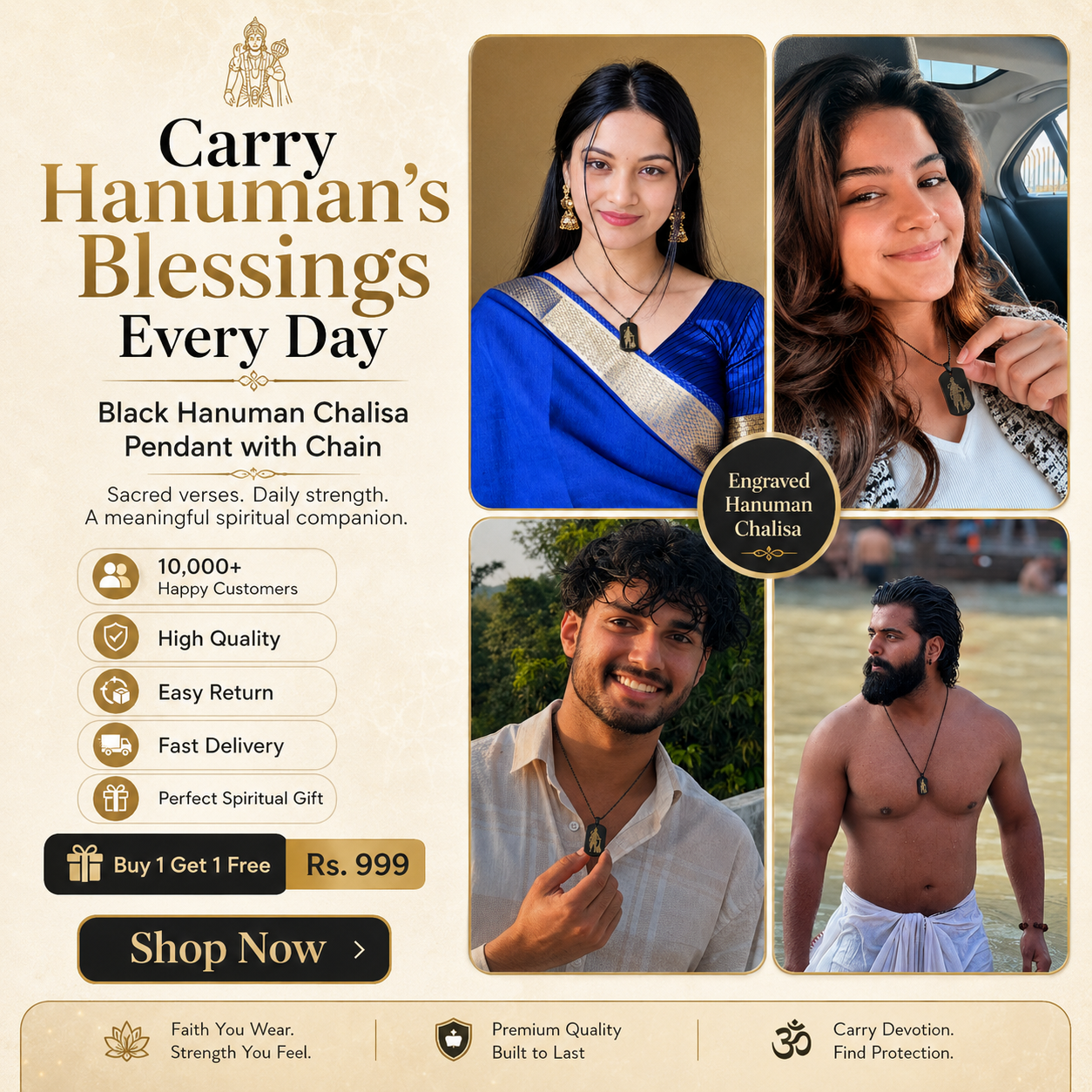 Buy 1 Get 1 Free - Black Hanuman Chalisha Pendant with Chain