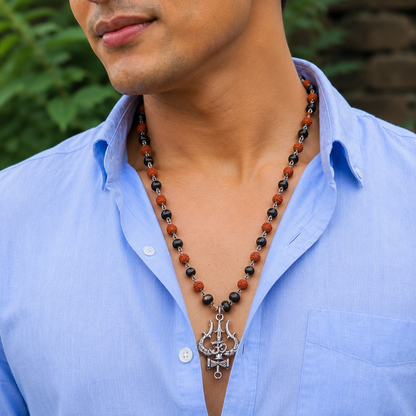 Original Rudraksha & Karungali Mala with Shiva Trishul Pendant